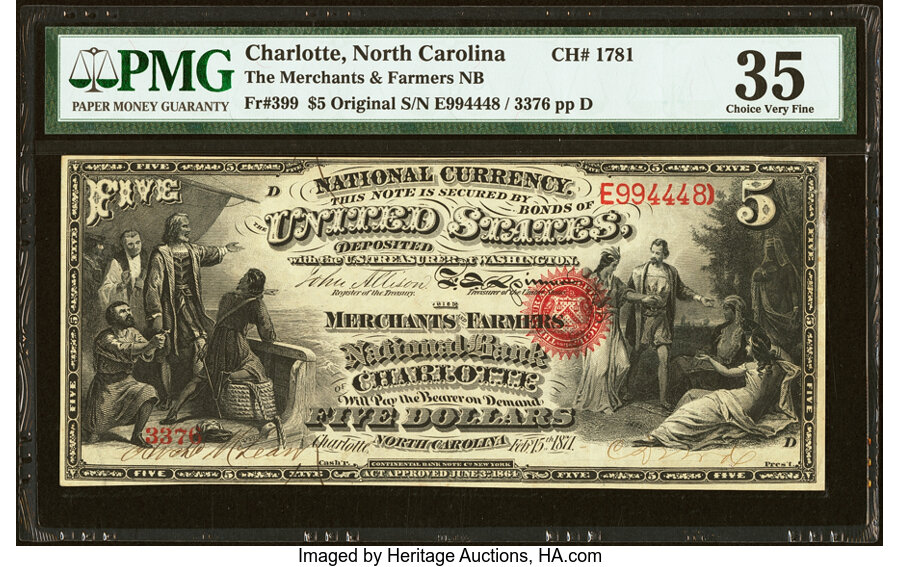 image for: Charlotte, NC - $5 Original Fr. 399 The Merchants & Farmers National Bank Ch. # 1781 PMG Choice Very Fine 35....