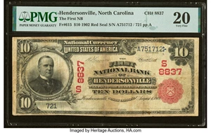 image for: Hendersonville, NC - $10 1902 Red Seal Fr. 615 The First National Bank Ch. # (S)8837 PMG Very Fine 20....