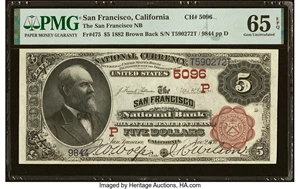 image for: San Francisco, CA - $5 1882 Brown Back Fr. 475 The San Francisco National Bank Ch. # (P)5096 PMG Gem Uncirculated 65 EPQ....