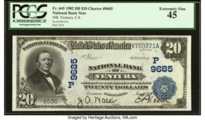 image for: Ventura, CA - $20 1902 Date Back Fr. 645 National Bank of Ventura Ch. # (P)9685 PCGS Extremely Fine 45....