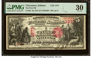 image for: Vincennes, IN - $5 1875 Fr. 401 The First National Bank Ch. # 1873 PMG Very Fine 30....