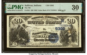 image for: Sullivan, IN - $20 1882 Value Back Fr. 581 The National Bank of Sullivan Ch. # (M)5392 PMG Very Fine 30....