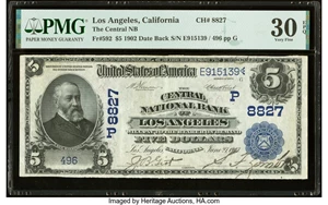image for: Los Angeles, CA - $5 1902 Date Back Fr. 592 The Central National Bank Ch. # (P)8827 PMG Very Fine 30 EPQ....