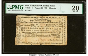 image for: New Hampshire August 24, 1775 £3 PMG Very Fine 20....