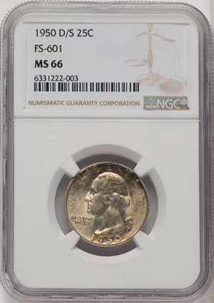 image for: 1950-D/S 25C FS-601 MS66 NGC. NGC Census: (6/0). Mintage 21,075,600. ...
