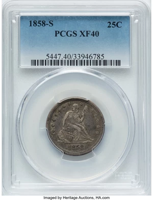image for: 1858-S 25C XF40 PCGS. PCGS Population: (16/20). Mintage 121,000. ...