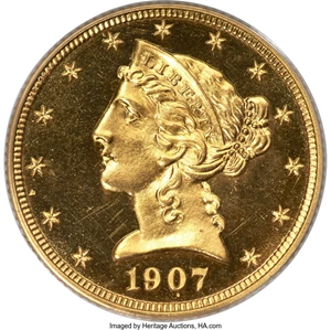 image for: 1907 $5 JD-1, Low R.5, PR64 Cameo PCGS. CAC....