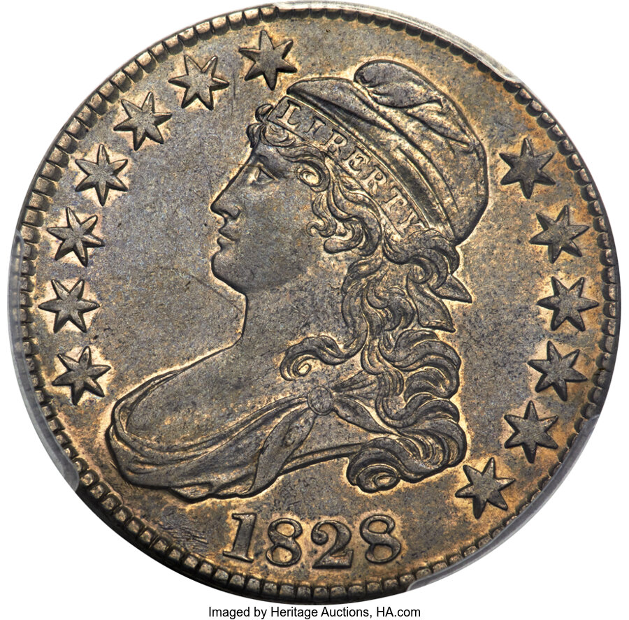 image for: 1828 50C Square Base 2, Small 8s, Large Letters, O-123, Low R.7, AU55 PCGS....