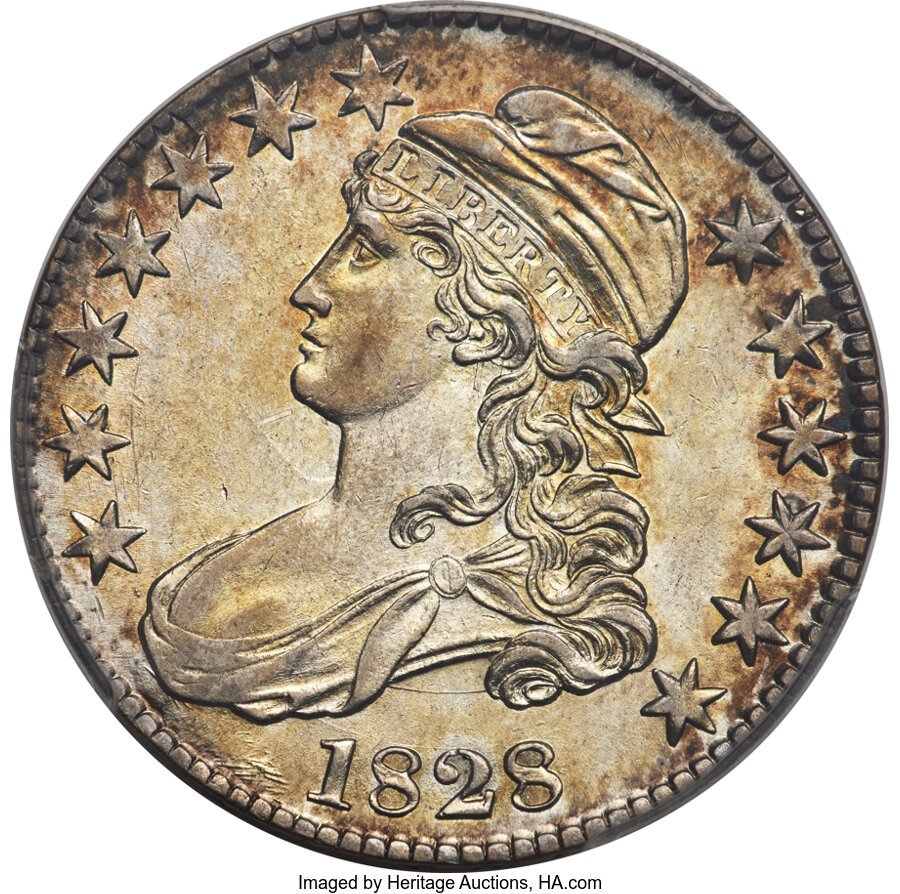 image for: 1828 50C Square Base 2, Small 8s, Large Letters, O-122, R.3, AU55 PCGS....