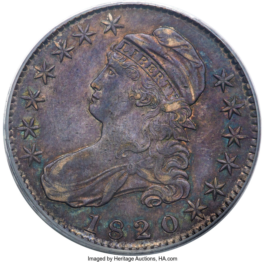 image for: 1820 50C Square Base 2, Large Date, Knob, O-105, R.1, AU53 PCGS....