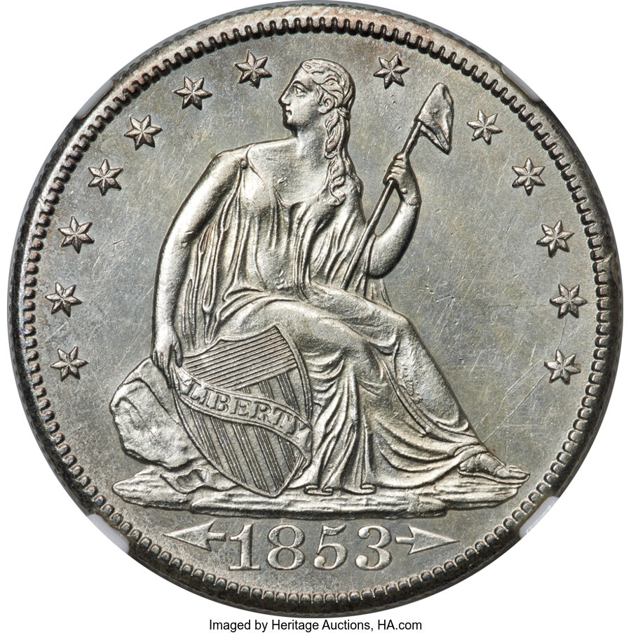 image for: 1853-O 50C Arrows and Rays, WB-101, Die Pair 11, R.3, AU58 NGC....