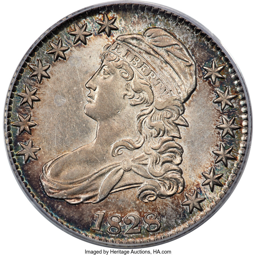 image for: 1828 50C Square Base 2, Small 8s, Large Letters, O-117a, R.1, AU53 PCGS....