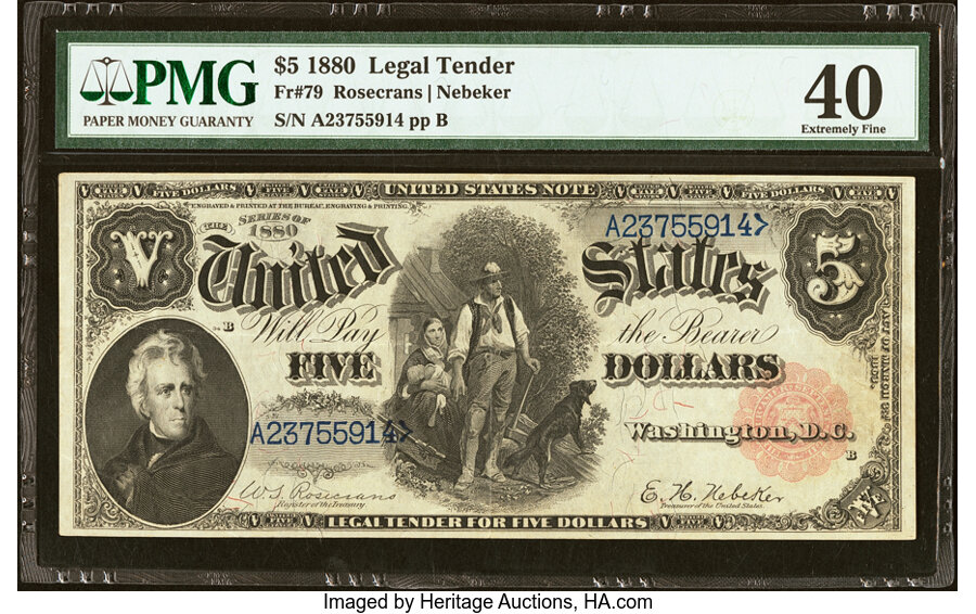 image for: Fr. 79 $5 1880 Legal Tender PMG Extremely Fine 40....