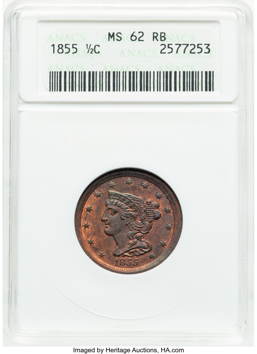 image for: 1855 1/2 C C-1, B-1, R.1, MS62 Red and Brown ANACS.  Mintage 56,500....