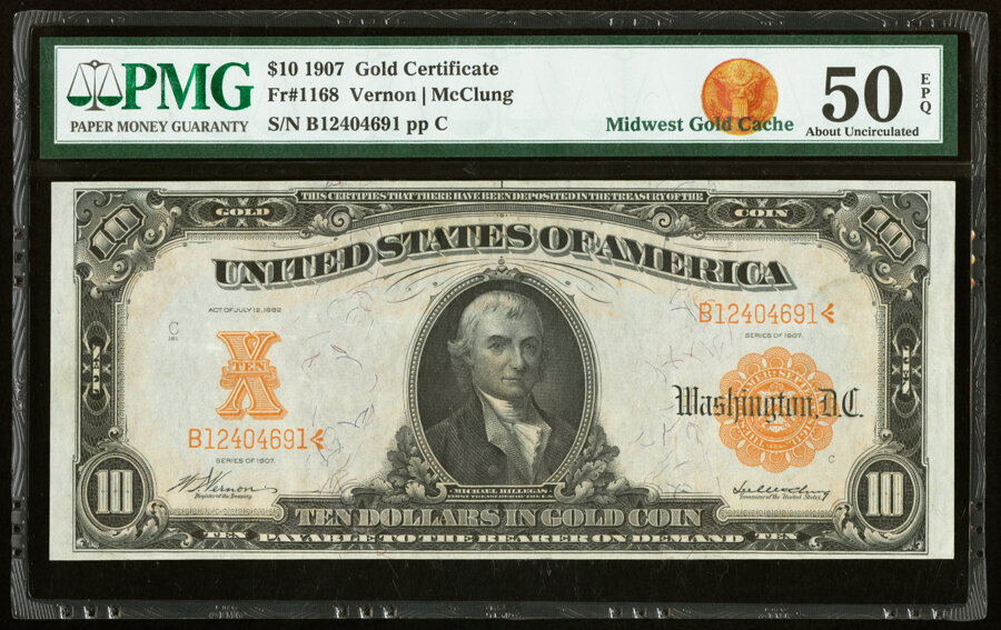 image for: Fr. 1168 $10 1907 Gold Certificate PMG About Uncirculated 50 EPQ....