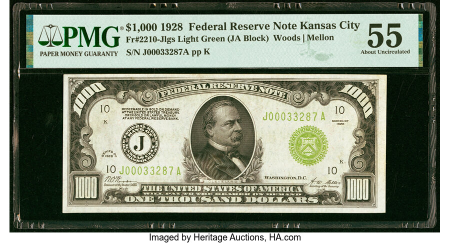 image for: Fr. 2210-J $1,000 1928 Light Green Seal Federal Reserve Note. PMG About Uncirculated 55....