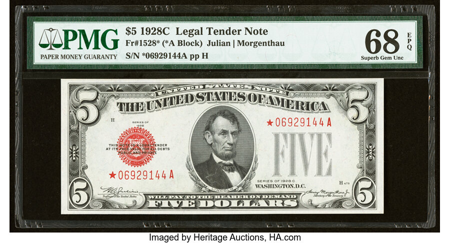 image for: Fr. 1528* $5 1928C Legal Tender Star Note. PMG Superb Gem Unc 68 EPQ....