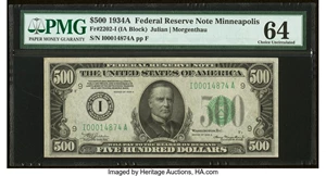 image for: Fr. 2202-I $500 1934A Federal Reserve Note. PMG Choice Uncirculated 64....
