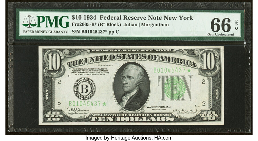 image for: Fr. 2005-B* $10 1934 Federal Reserve Star Note. PMG Gem Uncirculated 66 EPQ....