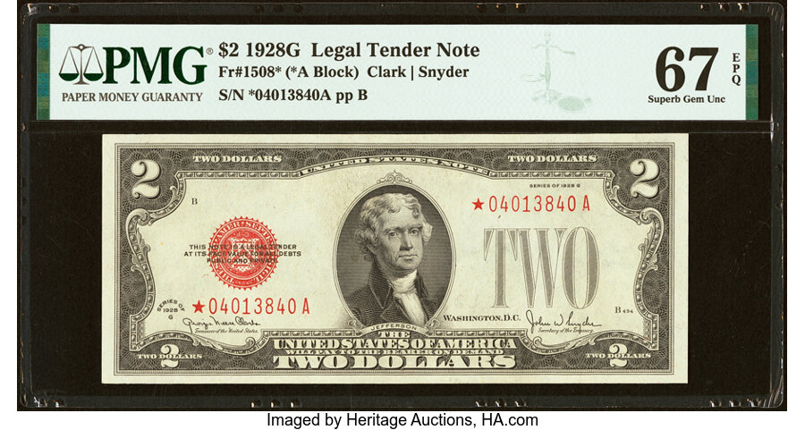 image for: Fr. 1508* $2 1928G Legal Tender Star Note. PMG Superb Gem Unc 67 EPQ....