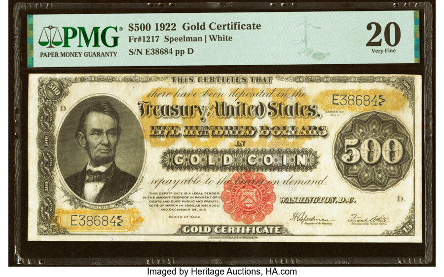 image for: Fr. 1217 $500 1922 Gold Certificate PMG Very Fine 20....