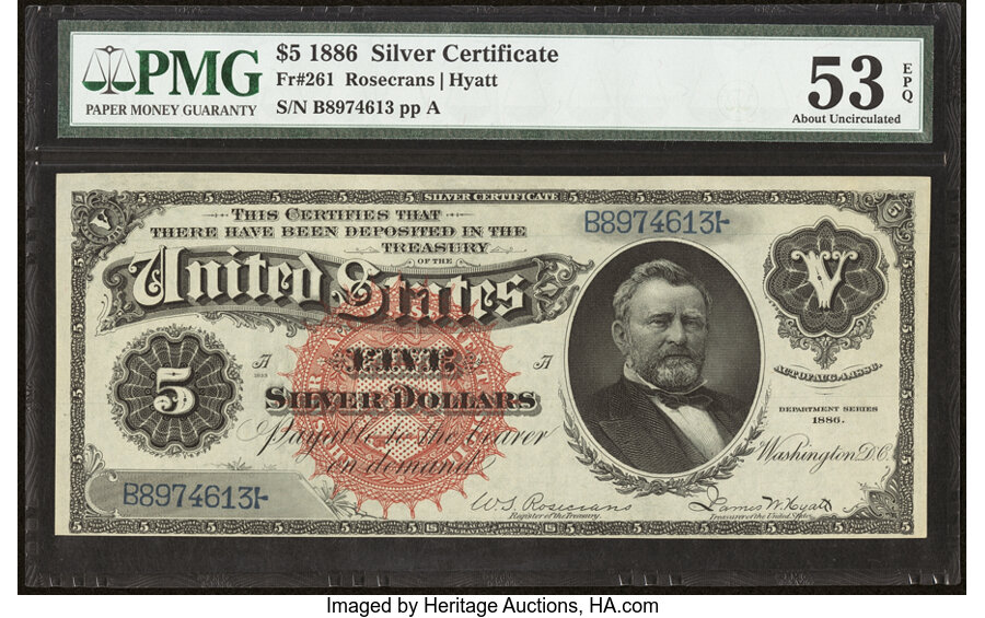 image for: Fr. 261 $5 1886 Silver Certificate PMG About Uncirculated 53 EPQ....