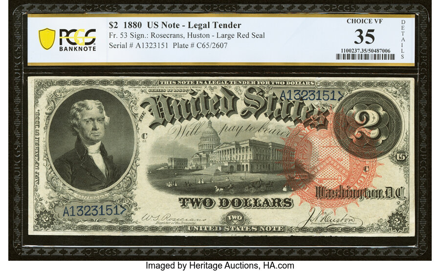 image for: Fr. 53 $2 1880 Legal Tender PCGS Banknote Choice Very Fine 35 Details....