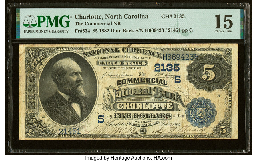 image for: Charlotte, NC - $5 1882 Date Back Fr. 534 The Commercial National Bank Ch. # (S)2135 PMG Choice Fine 15....