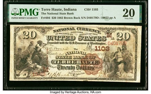 image for: Terre Haute, IN - $20 1882 Brown Back Fr. 494 The National State Bank Ch. # (M)1103 PMG Very Fine 20....