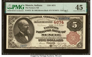 image for: Muncie, IN - $5 1882 Brown Back Fr. 472 The Farmers National Bank Ch. # 4674 PMG Choice Extremely Fine 45....