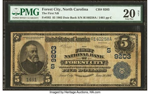 image for: Forest City, NC - $5 1902 Date Back Fr. 592 The First National Bank Ch. # (S)9203 PMG Very Fine 20 Net....