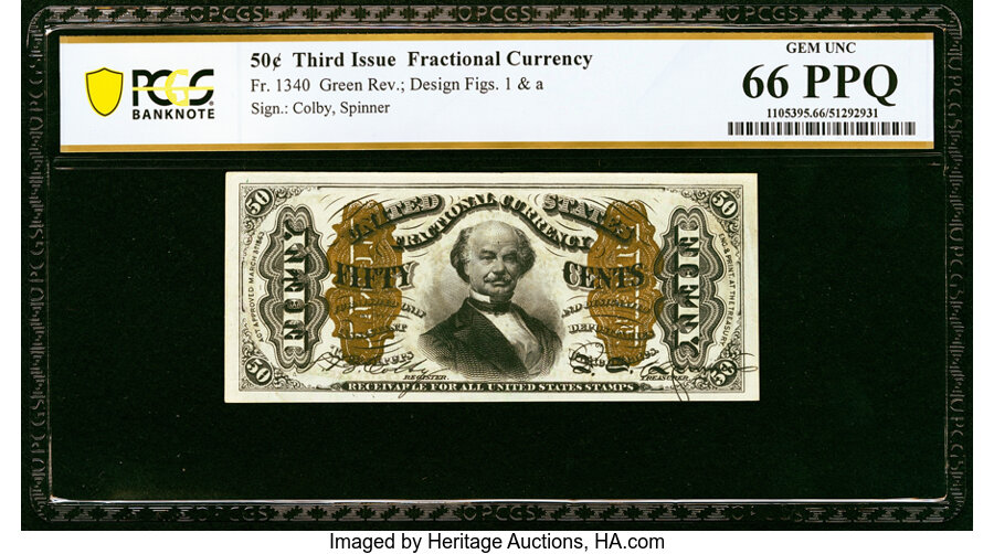 image for: Fr. 1340 50¢ Third Issue Spinner Type II PCGS Banknote Gem Unc 66 PPQ....