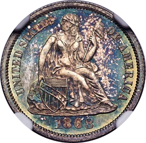 image for: 1868 10C PR66+ Cameo NGC. NGC Census: (5/0 and 2/0+). Mintage 600. ...