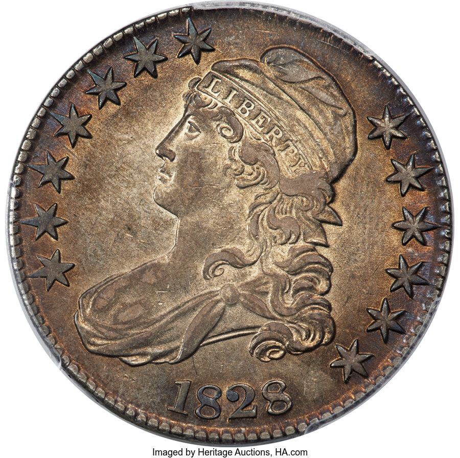 image for: 1828 50C Square Base 2, Small 8s, Large Letters, O-117a, R.1, AU53 PCGS....