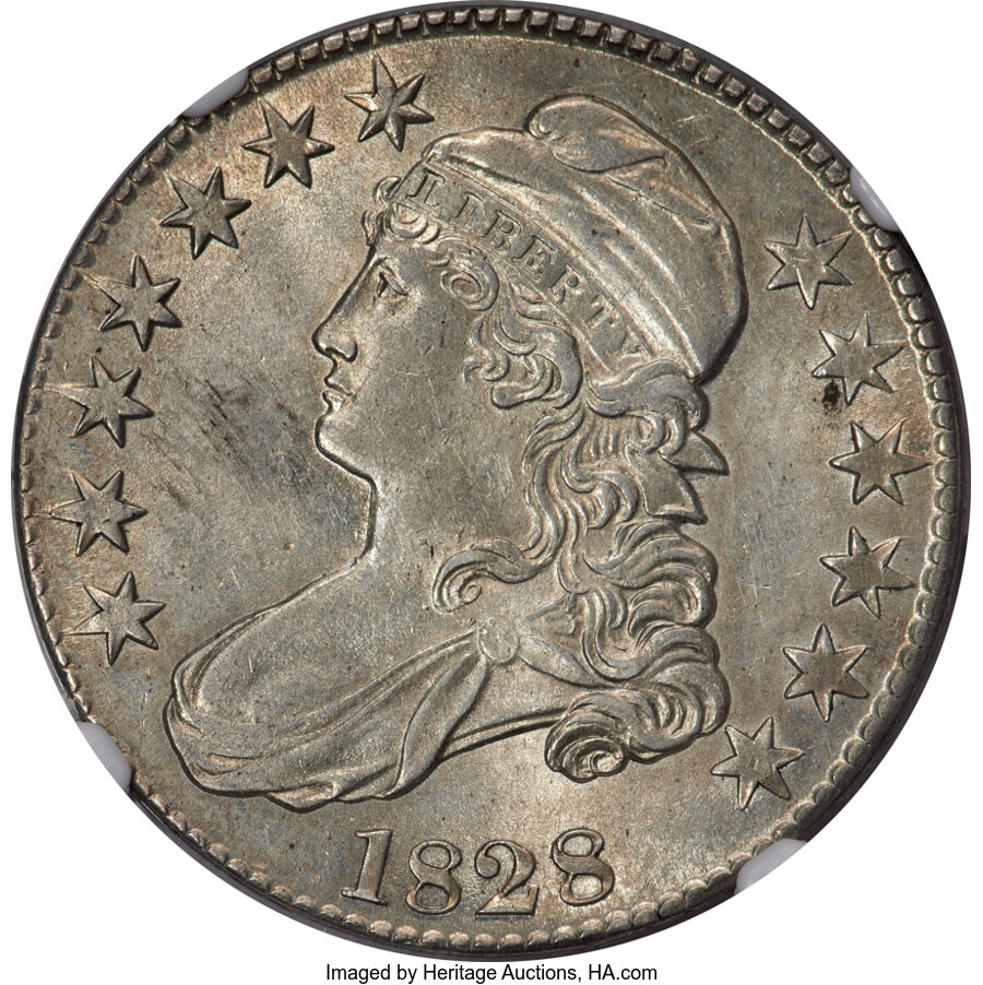 image for: 1828 50C Square Base 2, Small 8s, Large Letters, O-110, R.2, AU55 NGC....