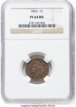 image for: 1866 1C PR64 Brown NGC. NGC Census: (13/5). Mintage 725. ...