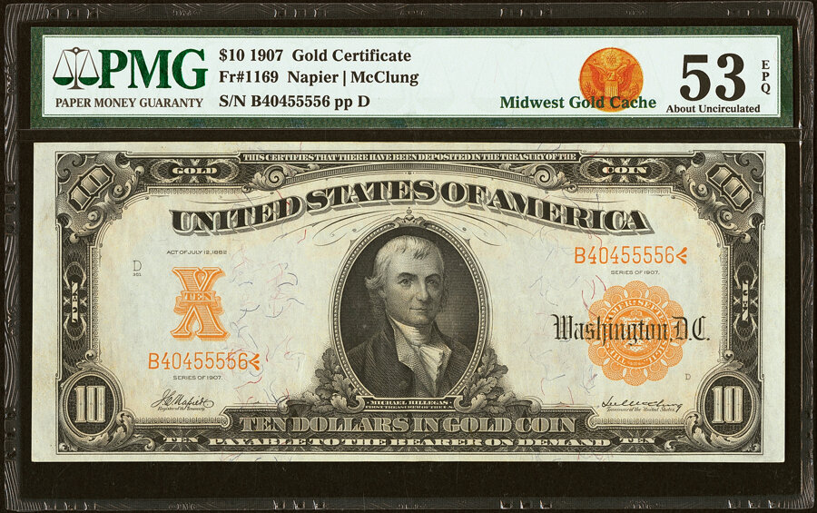 image for: Fr. 1169 $10 1907 Gold Certificate PMG About Uncirculated 53 EPQ....