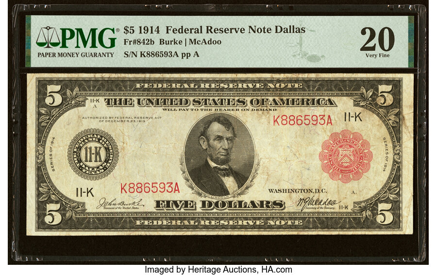 image for: Fr. 842b $5 1914 Red Seal Federal Reserve Note PMG Very Fine 20....
