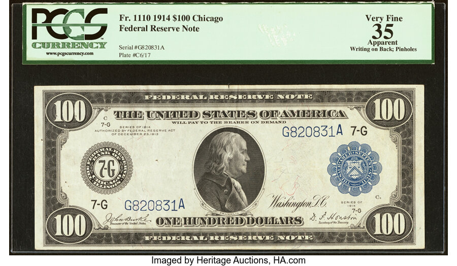 image for: Fr. 1110 $100 1914 Federal Reserve Note PCGS Apparent Very Fine 35....