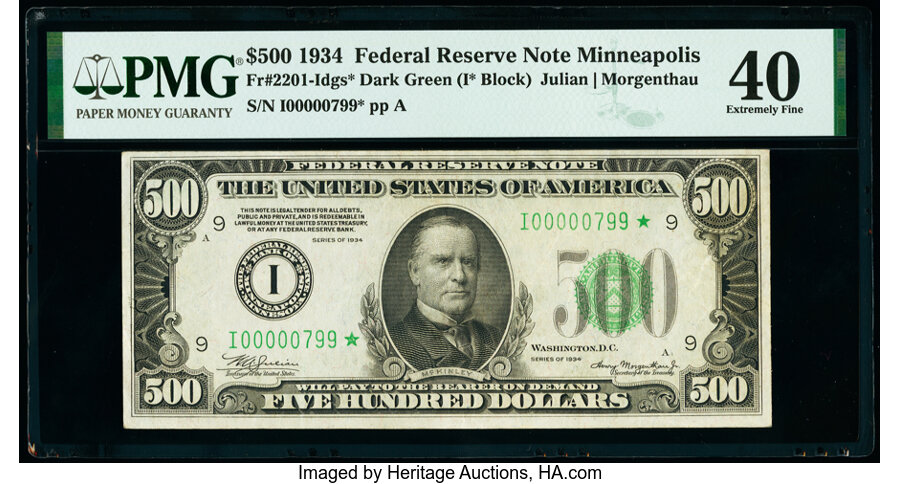 image for: Fr. 2201-I* $500 1934 Federal Reserve Star Note. PMG Extremely Fine 40....