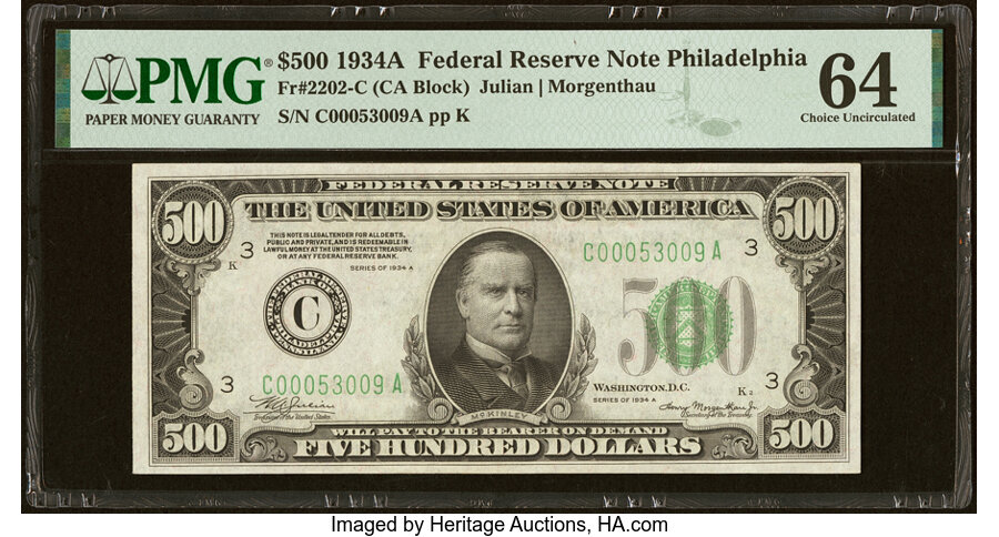 image for: Fr. 2202-C $500 1934A Federal Reserve Note. PMG Choice Uncirculated 64....