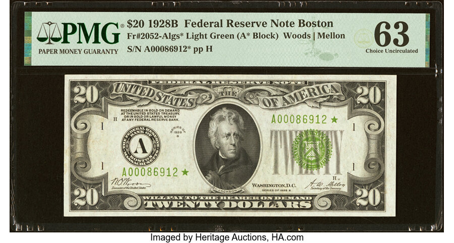 image for: Fr. 2052-A* $20 1928B Light Green Seal Federal Reserve Star Note. PMG Choice Uncirculated 63....
