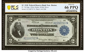 image for: Fr. 749 $2 1918 Federal Reserve Bank Note PCGS Banknote Gem Unc 66 PPQ....