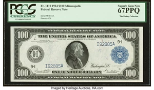 image for: Fr. 1119 $100 1914 Federal Reserve Note PCGS Superb Gem New 67PPQ....
