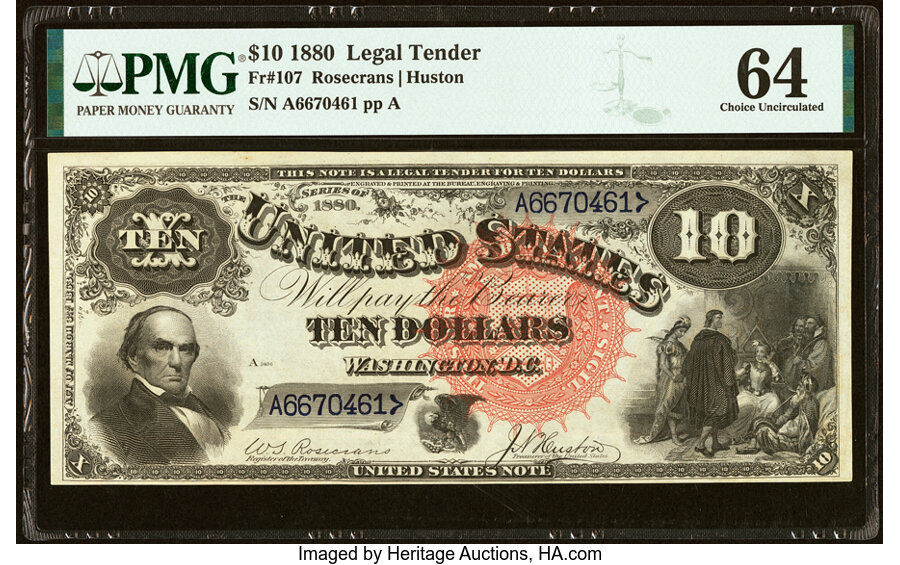 image for: Fr. 107 $10 1880 Legal Tender PMG Choice Uncirculated 64....