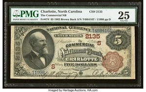 image for: Charlotte, NC - $5 1882 Brown Back Fr. 474 The Commercial National Bank Ch. # (S)2135 PMG Very Fine 25....
