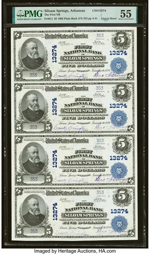 image for: Siloam Springs, AR - $5-$5-$5-$5 1902 Plain Back Fr. 611 The First National Bank Ch. # 13274 Uncut Sheet PMG About Uncirculate...