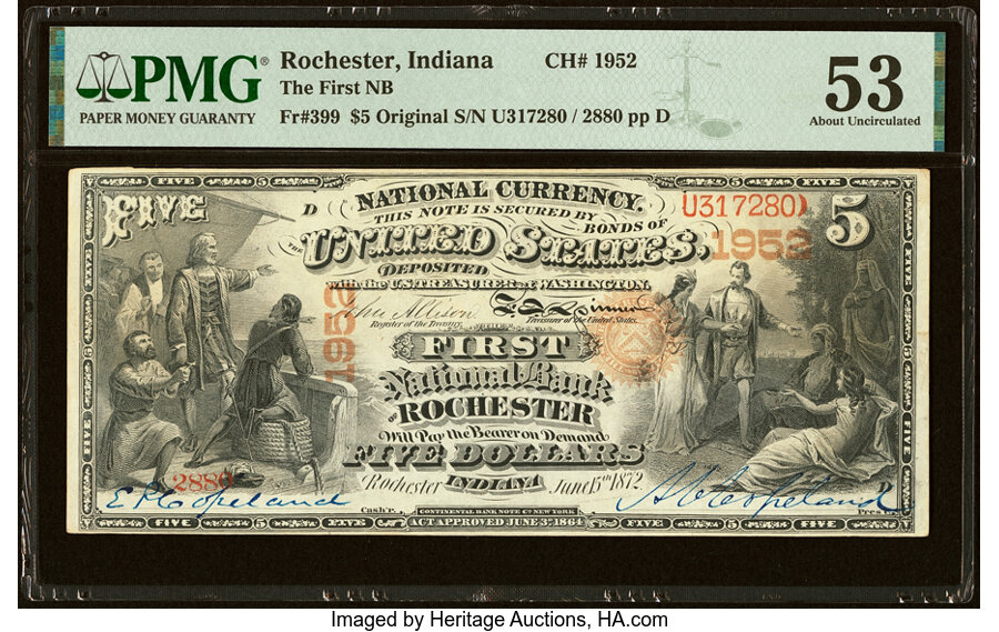 image for: Rochester, IN - $5 Original Fr. 399 The First National Bank Ch. # 1952 PMG About Uncirculated 53....