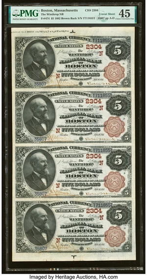 image for: Boston, MA - $5-$5-$5-$5 1882 Brown Back Fr. 474 The Winthrop National Bank Ch. # (N) 2304 Uncut Sheet PMG Choice Extremely Fi...
