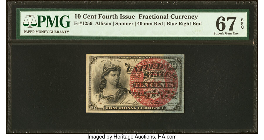 image for: Fr. 1259 10¢ Fourth Issue PMG Superb Gem Unc 67 EPQ....